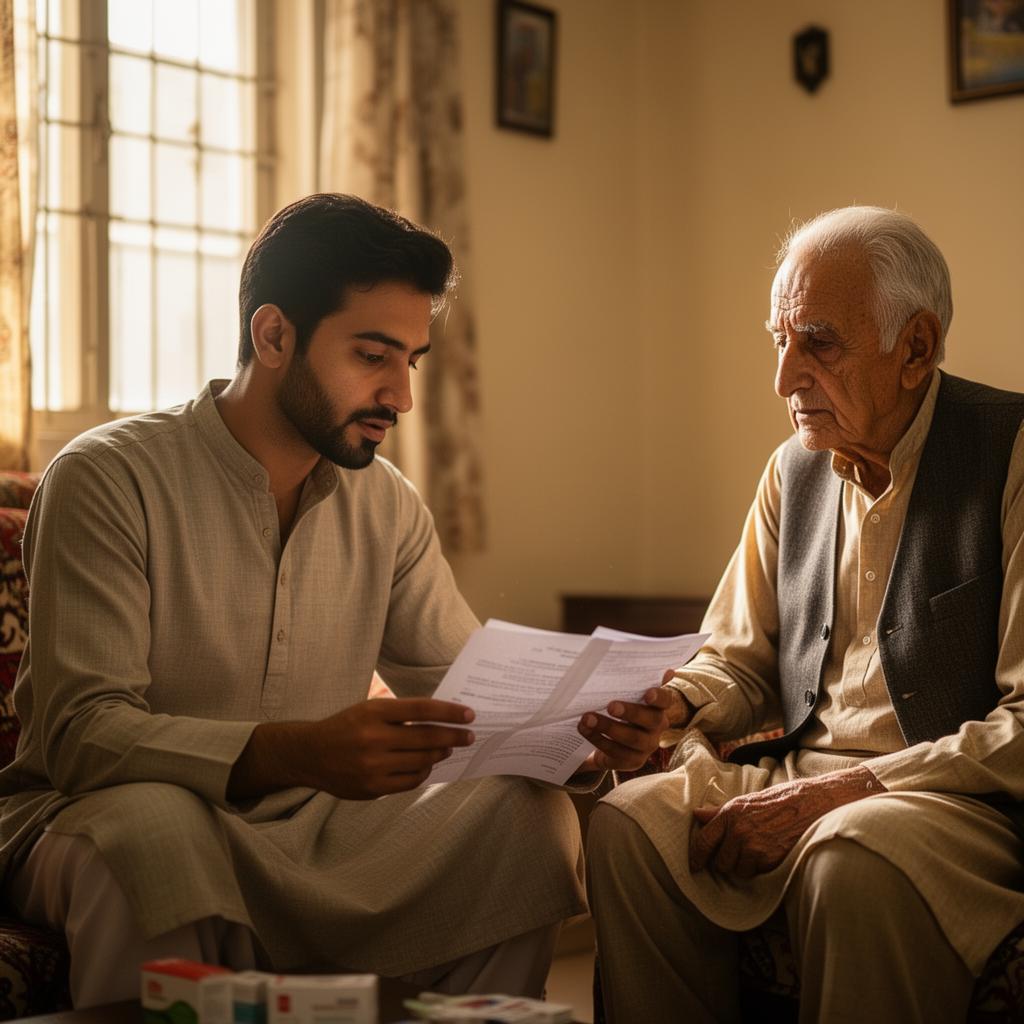 Male team member assisting an elderly gentleman with paperwork at home in Lahore